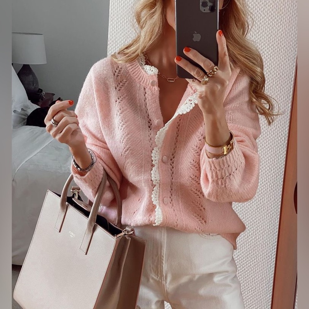 Light Pink Cardigan with Cable Patterns and Round Neckline - Picture 2 of 6
